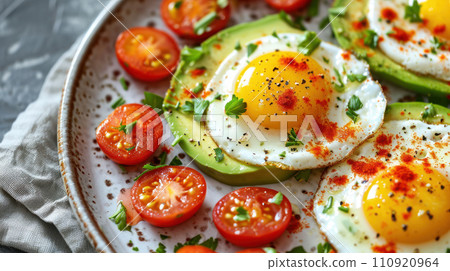 AI-generated content. Whole wheat toasted bread with avocado, poached egg, pea sprouts and cheese over white background. Top view. Healthy diet breakfast. 110920964