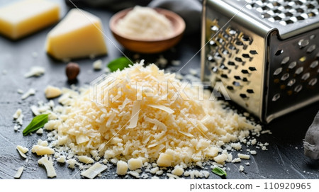 AI-generated content. Shredded mozzarella cheese on wooden cutting board. 110920965