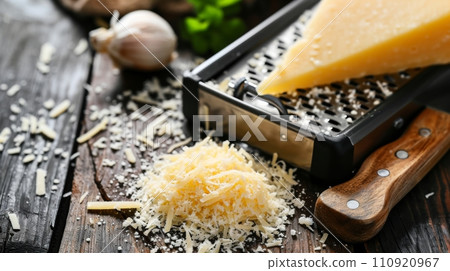 AI-generated content. Shredded mozzarella cheese on wooden cutting board. 110920967