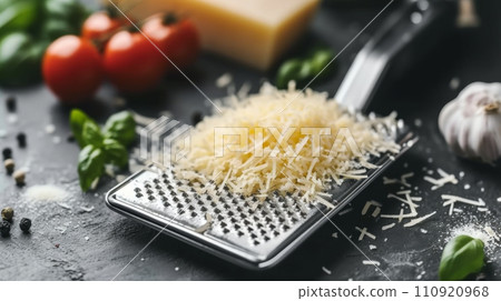 AI-generated content. Shredded mozzarella cheese on wooden cutting board. 110920968