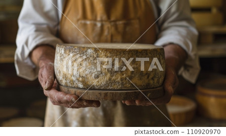 AI-generated content. Head of hard cheese in mans cheesemaker hands. delicious dairy products. cheese maasdam with big holes. 110920970