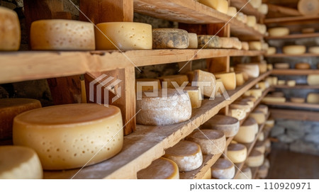AI-generated content. Large storehouse of manufactured cheese standing on the shelves ready to be transported to markets 110920971