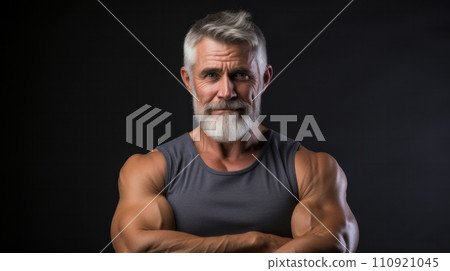 AI-generated content. Look at this. Smiling middle aged muscular man in t shirt showing his biceps, while posing in studio over grey background. 110921045