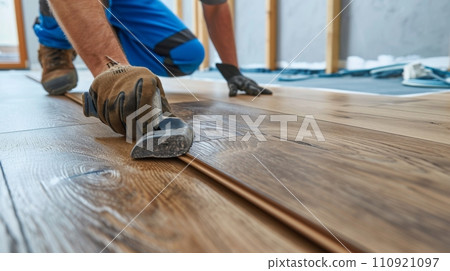 AI-generated content. Installing laminated floor, detail on man hands holding wooden tile, over white foam base layer, small pile with more tiles background 110921097