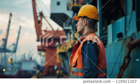 AI-generated content. Marine crew or fellow chiefs in dry dock during ship repair wear PPE personal protective equipment - helmet, mantle. 110921107
