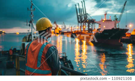 AI-generated content. Marine crew or fellow chiefs in dry dock during ship repair wear PPE personal protective equipment - helmet, mantle. 110921108