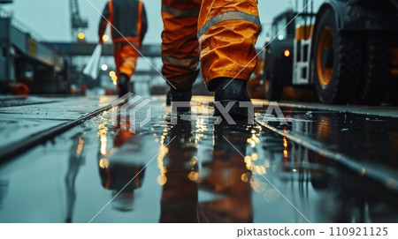AI-generated content. Ground Crew in the signal vest. Aviation Marshall / Supervisor meets passenger airplane at the airport. Aircraft is taxiing to parking place. 110921125