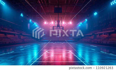 AI-generated content. Empty basketball stadium, court with blue pink neon lights. AI-generated content. Empty basketball stadium, court with blue pink neon lights. 110921263