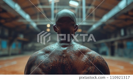 AI-generated content. Rear view of bald young African man standing shirtless on empty basketball court, looking forward. 110921317