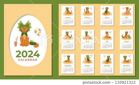 Calendar2024. Cover and sheets with cute cat in a dragon costume as a symbol of the year in English. Cartoon vector illustration. Calendar2024. Cover and sheets with cute cat in a dragon costume as a symbol of the year in English. Cartoon vector illustration. 110921322