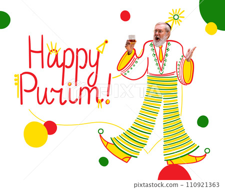 Contemporary art collage. Man in striped costume holding glass against colorful festive background with Happy Purim text. Contemporary art collage. Man in striped costume holding glass against colorful festive background with Happy Purim text. 110921363