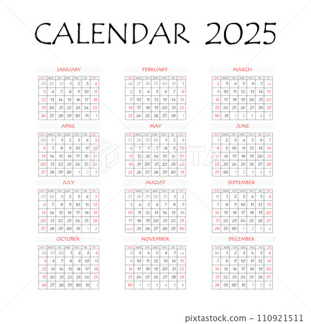 2025 calendar planner. Corporate week. Template layout, 12 months yearly, white background. Simple design for business brochure, flyer, print media, advertisement. Week starts from Monday 110921511