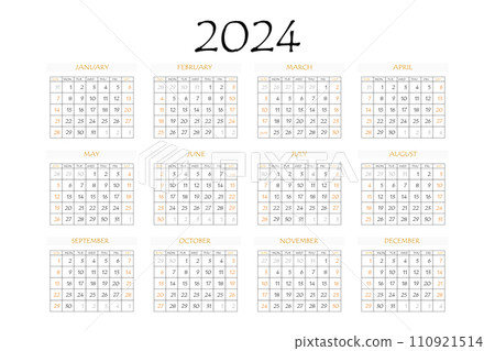 2024 calendar planner. Corporate week. Template layout, 12 months yearly, white background. Simple design for business brochure, flyer, print media, advertisement. Week starts from Monday 110921514