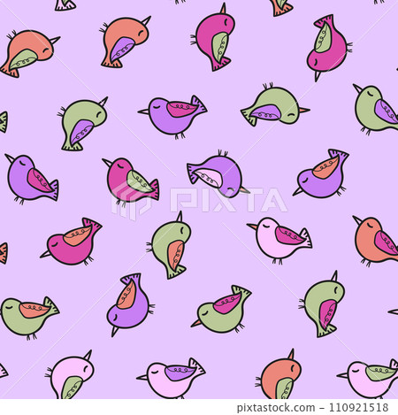 Seamless pattern with funny colorful birds. Color flat vector illustration with little cartoon bird. Cute characters. Template design for invitation, poster, card, flyer, textile, fabric for kids Seamless pattern with funny colorful birds. Color flat vector illustration with little cartoon bird. Cute characters. Template design for invitation, poster, card, flyer, textile, fabric for kids 110921518