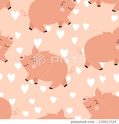 Vector flat animals colorful illustration for kids. Seamless pattern with cute pig on color floral background. Adorable cartoon character. Design for textures, card, poster, fabric, textile 110921524