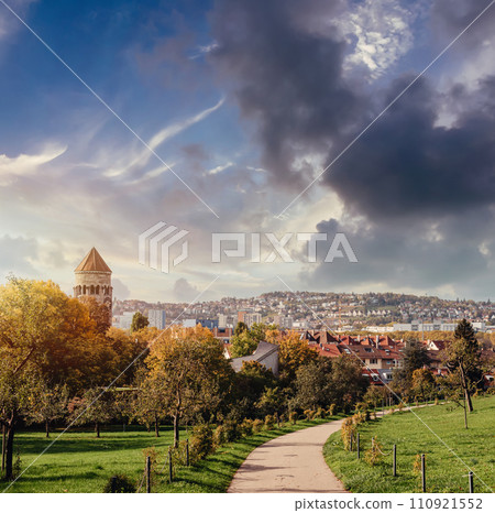 Germany, Stuttgart panorama view. Beautiful houses in autumn, Sky and nature landscape. Vineyards in Stuttgart - colorful wine growing region in the south of Germany with view over Neckar Valley Germany, Stuttgart panorama view. Beautiful houses in autumn, Sky and nature landscape. Vineyards in Stuttgart - colorful wine growing region in the south of Germany with view over Neckar Valley 110921552