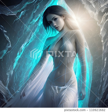 Fantasy generative AI Glassformism. An ancient magician girl in a crystal. 110921682