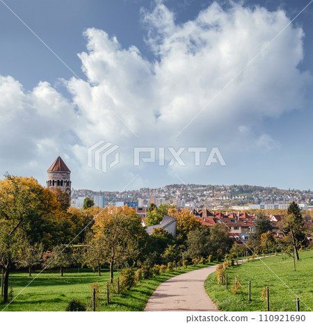 Germany, Stuttgart panorama view. Beautiful houses in autumn, Sky and nature landscape. Vineyards in Stuttgart - colorful wine growing region in the south of Germany with view over Neckar Valley Germany, Stuttgart panorama view. Beautiful houses in autumn, Sky and nature landscape. Vineyards in Stuttgart - colorful wine growing region in the south of Germany with view over Neckar Valley 110921690