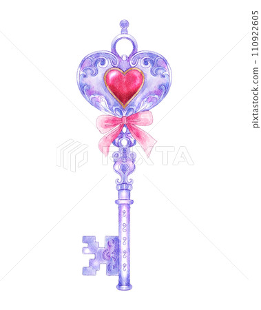 Luxury key design with heart . Valentines day object . Watercolor painting elements . Illustration . Luxury key design with heart . Valentines day object . Watercolor painting elements . Illustration . 110922605