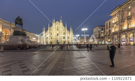 Panorama showing Milan Cathedral and Vittorio Emanuele gallery day to night timelapse. 110922871