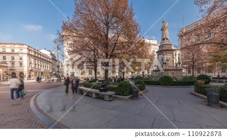 Panorama showing theater La Scala timelapse and a monument to Leonardo da Vinci 110922878