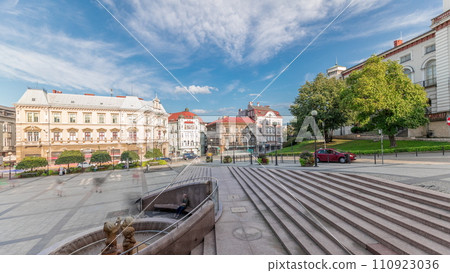 Panorama showing Sulkowski Castle and fountain on Chrobry Square in Bielsko-Biala timelapse, Poland. 110923036
