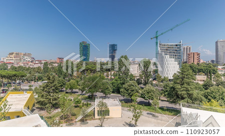 Panorama showing cityscape over Tirana with its colorful apartment buildings and skyscrapers timelapse, Tirana, Albania. 110923057
