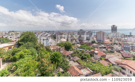 Panorama showing aerial view of city centre and the harbour of Durres timelapse from viewpoint, Albania. 110923059