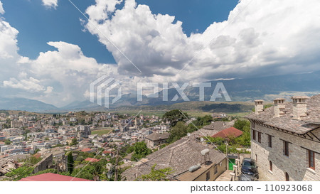 Panorama showing Gjirokastra city from the viewpoint with many typical historic houses of Gjirokaster timelapse. 110923068