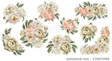 Set of composition with white beige peach fuzz peony flowers, buds and green leaves. Floral watercolor illustration hand painted isolated on white background. Perfect for wedding invitations, greeting 110923069
