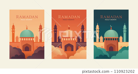 Ramadan Kareem. Islamic greeting card templates with mosque temple, minaret during night and sunset. Retro wallpaper, posters, flyers. Modern design. Set of festive vector illustration backgrounds 110923202
