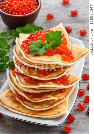 stack of very thin pancakes. traditional for Russian pancake week. Shrove tide stack of very thin pancakes. traditional for Russian pancake week. Shrove tide 110923347