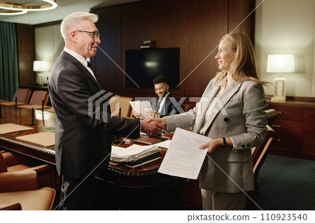 Man and woman in formalwear shaking hands in boardroom, their young colleague sitting on background 110923540
