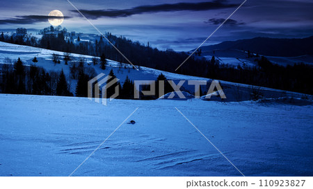 mountainous winter landscape at night. snow covered hills and meadow in full moon light mountainous winter landscape at night. snow covered hills and meadow in full moon light 110923827