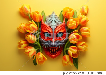 Fancy scary red mask among yellow tulips isolated on yellow background Fancy scary red mask among yellow tulips isolated on yellow background 110923889