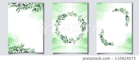 Set of floral background card template with black olive branches and green watercolor splashes. For save the date, greeting, rustic wedding card and cover design. 110924073