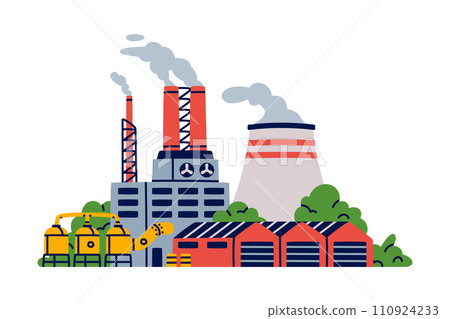 Factory as Industrial Manufacturing Building with Chimney Vector Illustration 110924233