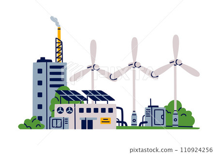 Factory as Industrial Manufacturing Building with Chimney Vector Illustration 110924256