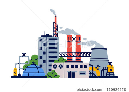 Factory as Industrial Manufacturing Building with Chimney Vector Illustration 110924258