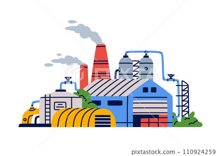 Factory as Industrial Manufacturing Building with Chimney Vector Illustration 110924259