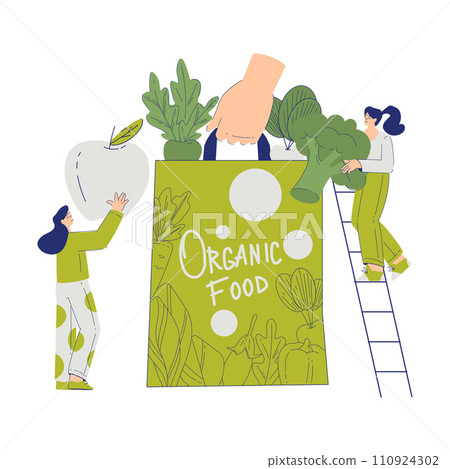 Eco Friendly with Happy Woman Character at Huge Shopping Bag Buy Green Eco Food Vector Illustration 110924302
