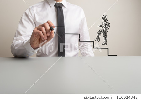 Business executive drawing steps for a handdrawn businessman to climb 110924345