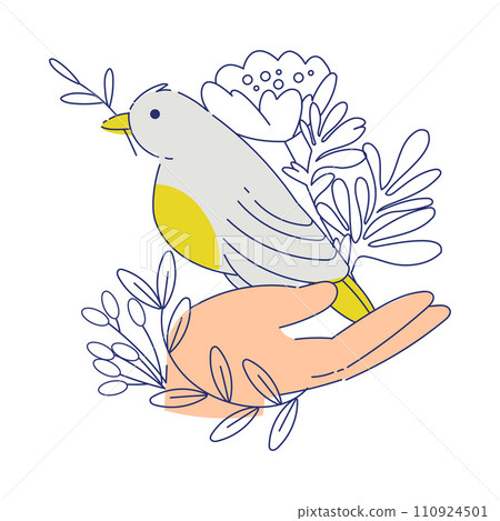 Eco Friendly Life with Hand Palm Hold Bird and Flora Vector Illustration 110924501