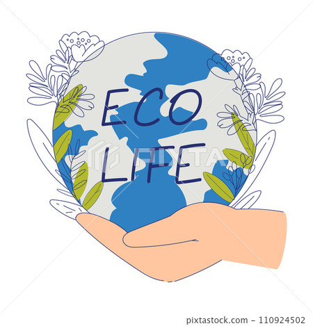 Eco Friendly Life with Hand Hold Globe Earth Among Blooming Flower Vector Illustration Eco Friendly Life with Hand Hold Globe Earth Among Blooming Flower Vector Illustration 110924502