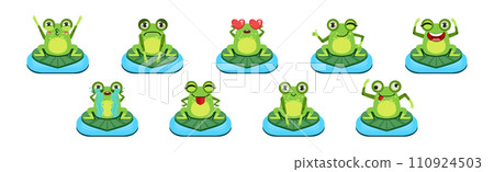 Cute Green Frog Character as Croaking Swamp Animal Sit on Pad Vector Set Cute Green Frog Character as Croaking Swamp Animal Sit on Pad Vector Set 110924503