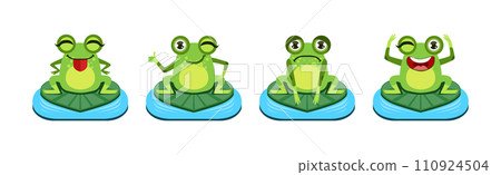 Cute Green Frog Character as Croaking Swamp Animal Sit on Pad Vector Set Cute Green Frog Character as Croaking Swamp Animal Sit on Pad Vector Set 110924504