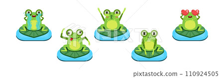 Cute Green Frog Character as Croaking Swamp Animal Sit on Pad Vector Set Cute Green Frog Character as Croaking Swamp Animal Sit on Pad Vector Set 110924505