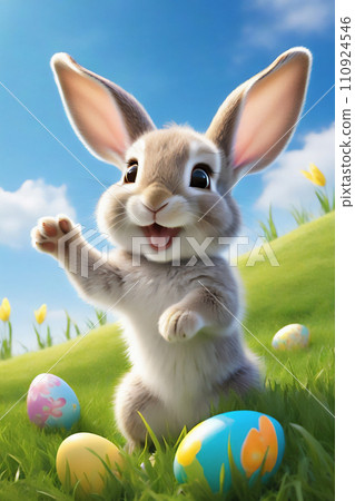 Funny fluffy rabbit on an Easter card. 110924546
