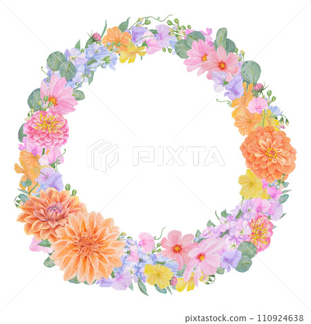 Watercolor botanical colurful round frame of summer and autumn flowers: dahlia, zinnia, lathyrus, gillyflower, nasturtium, cosmos. Good for wedding print products, paper, invitations, greetings Watercolor botanical colurful round frame of summer and autumn flowers: dahlia, zinnia, lathyrus, gillyflower, nasturtium, cosmos. Good for wedding print products, paper, invitations, greetings 110924638