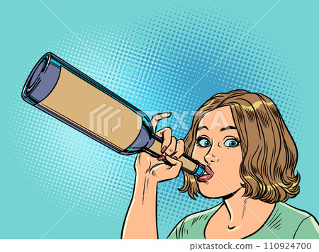 A girl drinks from a glass bottle with a surprised look. Great deals for bar and restaurant visitors. Empty space for inscription on the bottle. 110924700